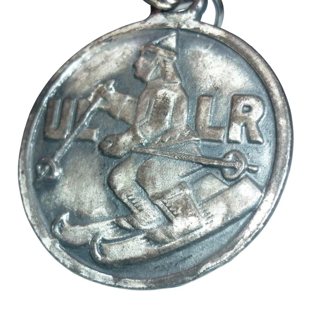 Vintage Ullr Skier Medal Keychain Norse God Protection Alpine Edelweiss Gentian